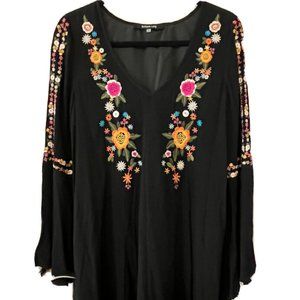 Sugar Lips Swing Trapeze Dress Embroidered Bell Sleeve Boho Floral